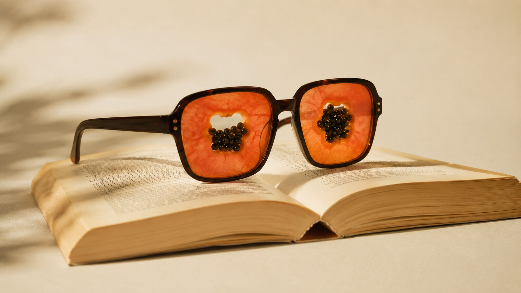 wide shot of sunglasses with papaya slice 
lenses on warm background, visual identity 
for Storytotellers creative consultancy
