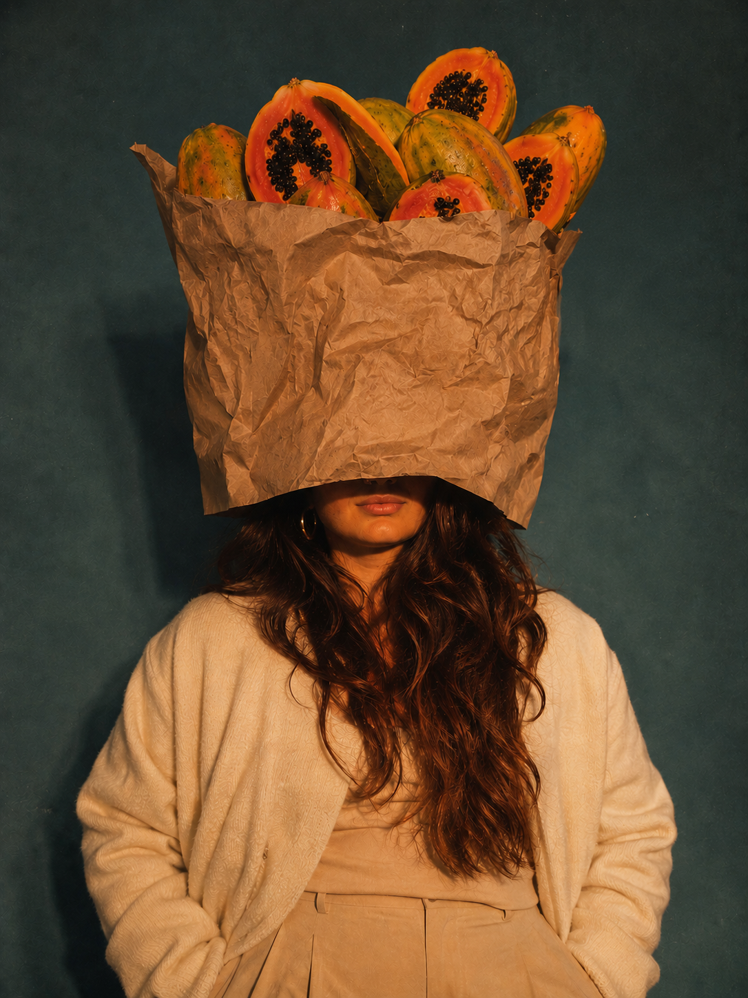 woman in beige outfit with paper bag of papayas 
covering her head, creative editorial image for 
Storytotellers creative consultancy