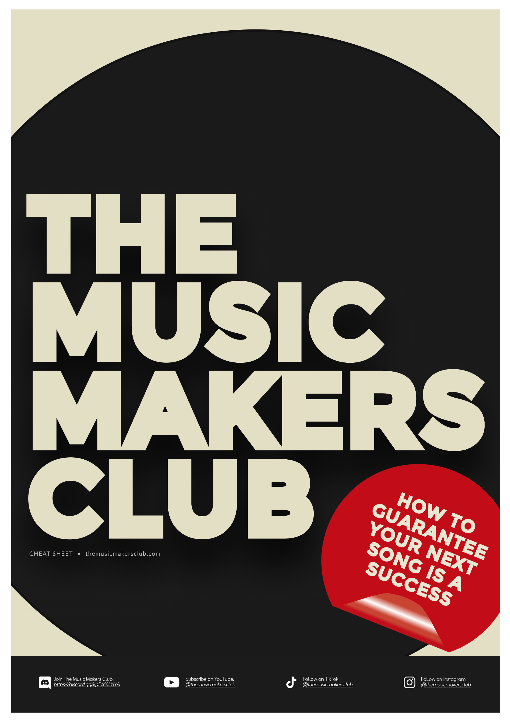 Cover of The Music Makers Club Cheat Sheet featuring black, beige, and red colors with the title in large beige text and a red circle containing additional information.