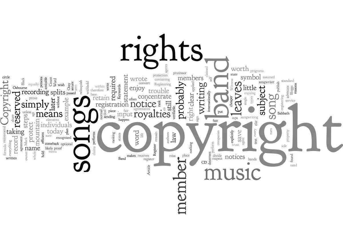 Collage of music industry keywords such as royalties, rights, publishing, artist income, and distribution representing music business education for independent musicians