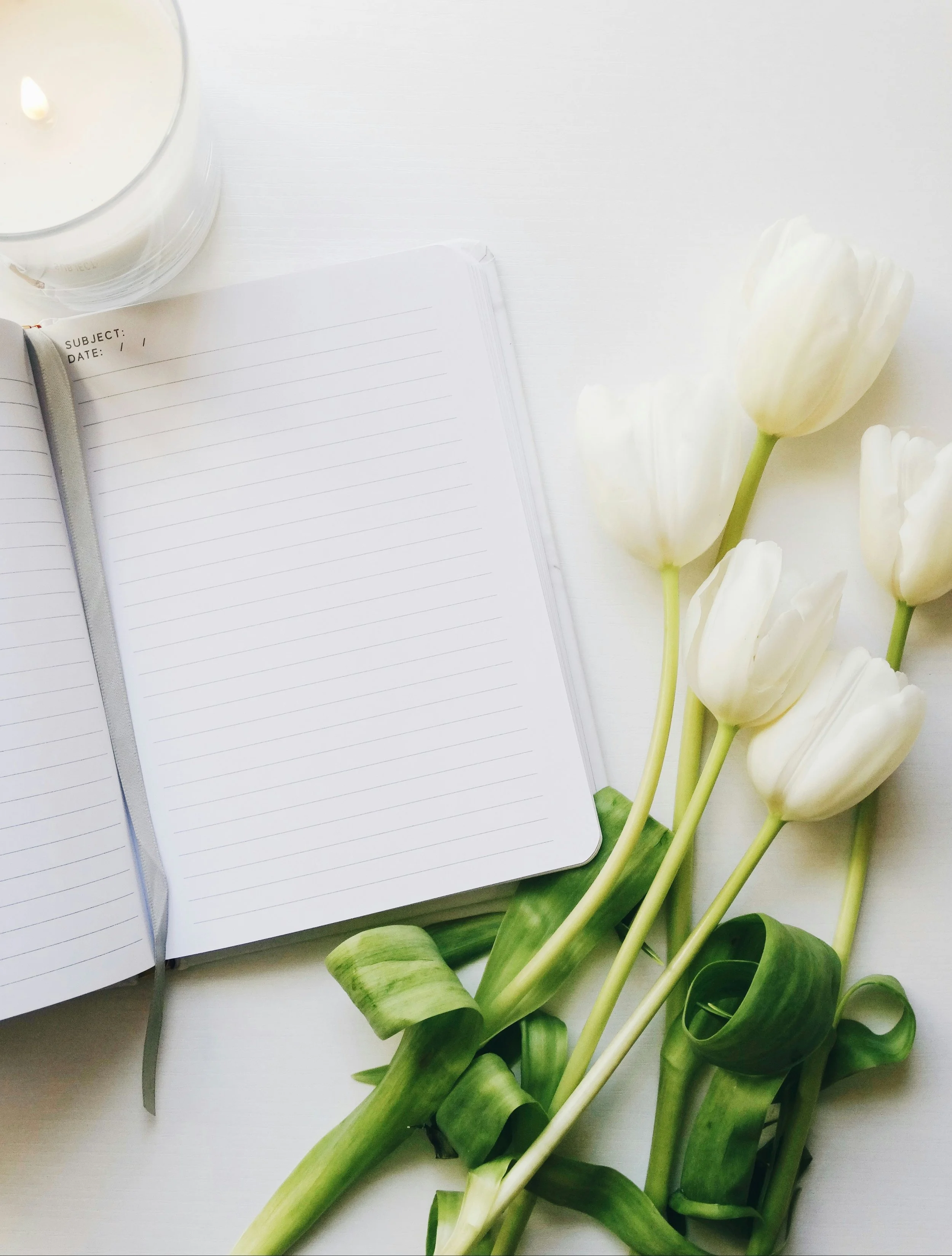 Contact us page, open notebook with blank lines and tulips