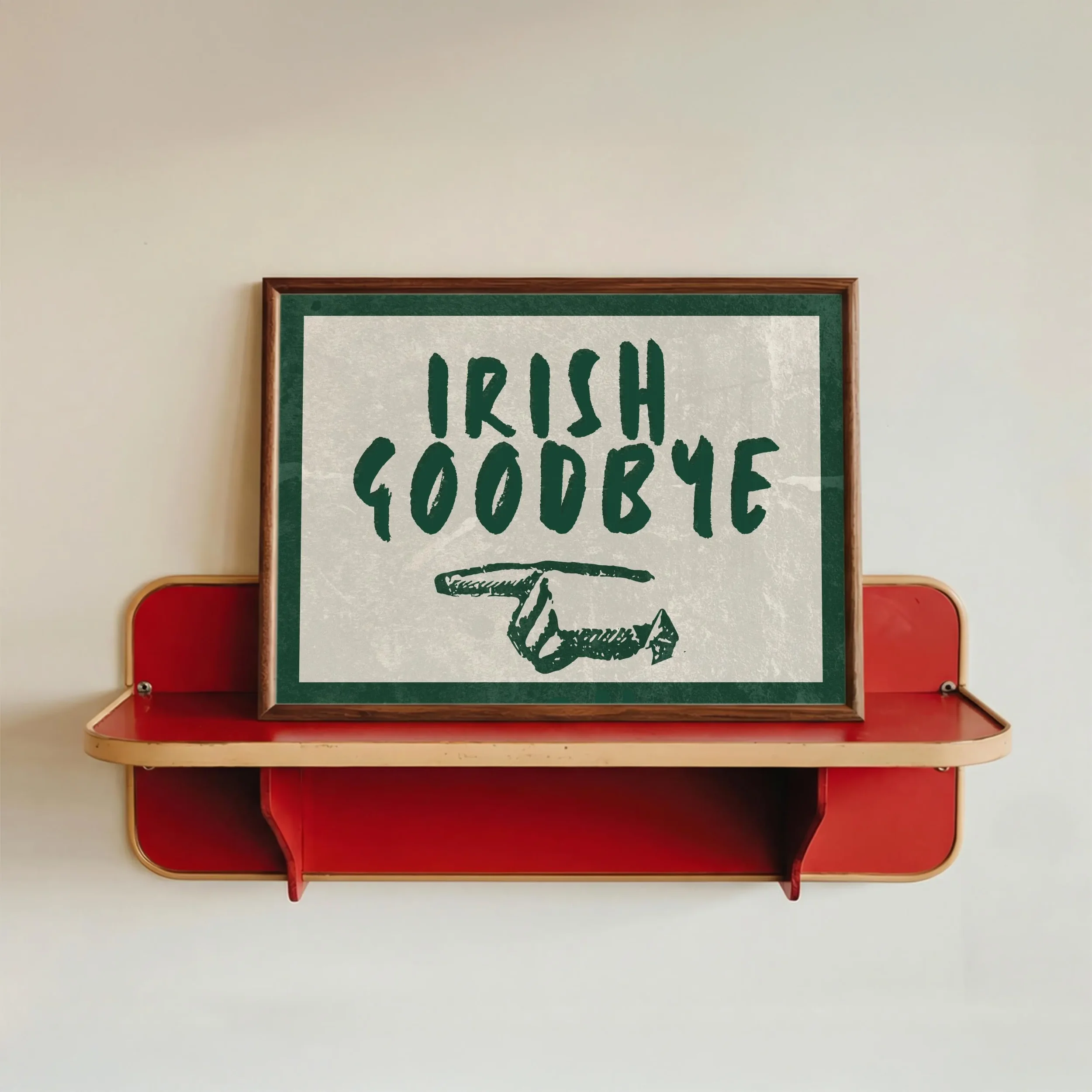 A green framed poster on a red and beige stand with the words 'High Coffee' and a graphic of a coffee bean, against a light-colored wall.