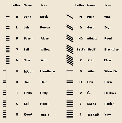A chart showing the Ogham alphabet with corresponding letters and tree names.