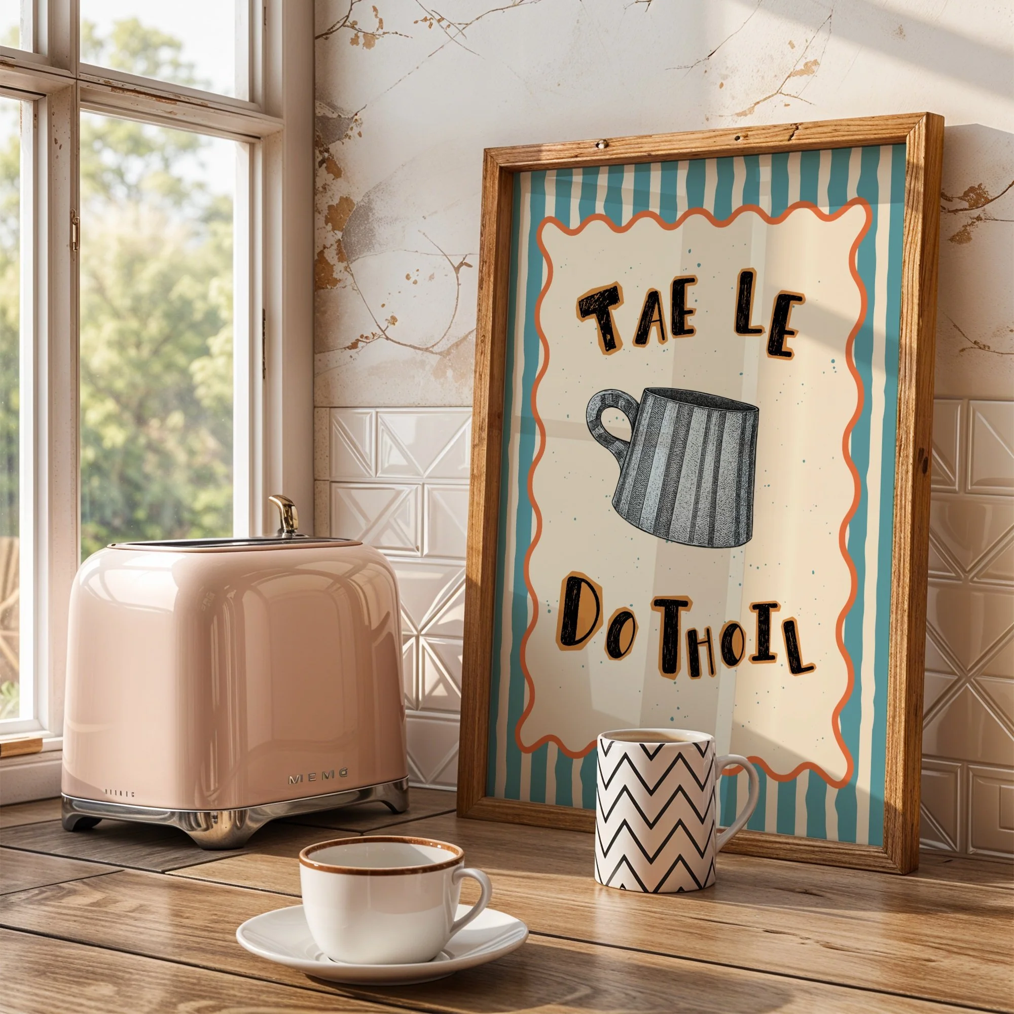A cozy kitchen corner with a window letting in natural light, a NEMO toaster on the wooden countertop, a framed colourful sign saying 'TAE LE Do THOIL' with a mug illustration, two patterned coffee mugs, and a white dish. Irish Language art
