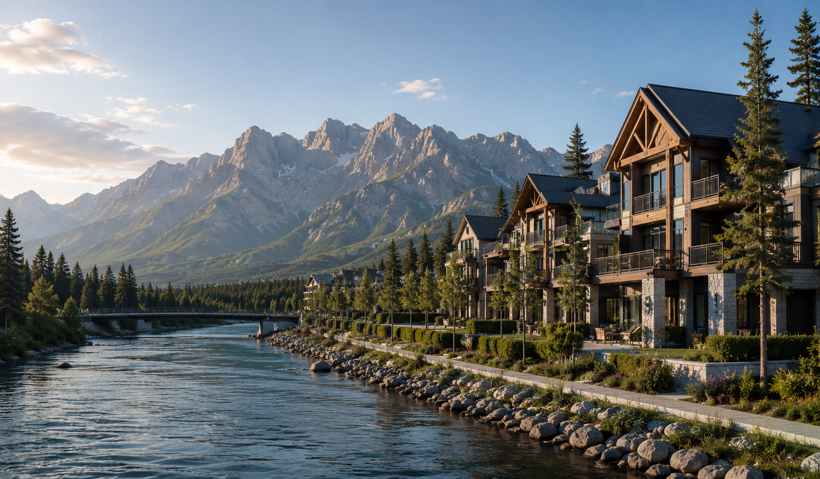 A scenic view of waterfront residential buildings with mountains in the background during sunset.