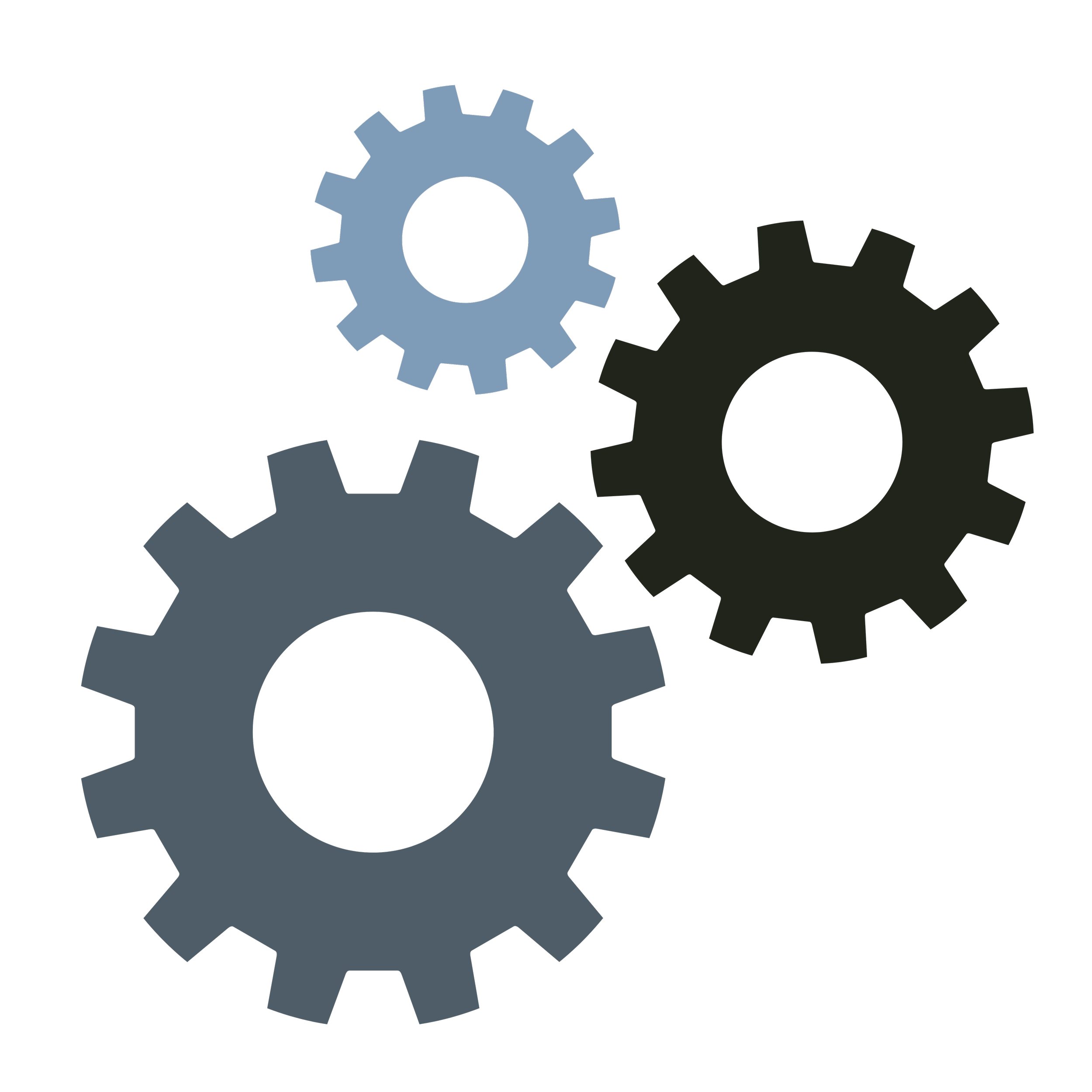 Illustration of interlocking gears, some in blue and others in dark gray or black, representing machinery or mechanical processes.