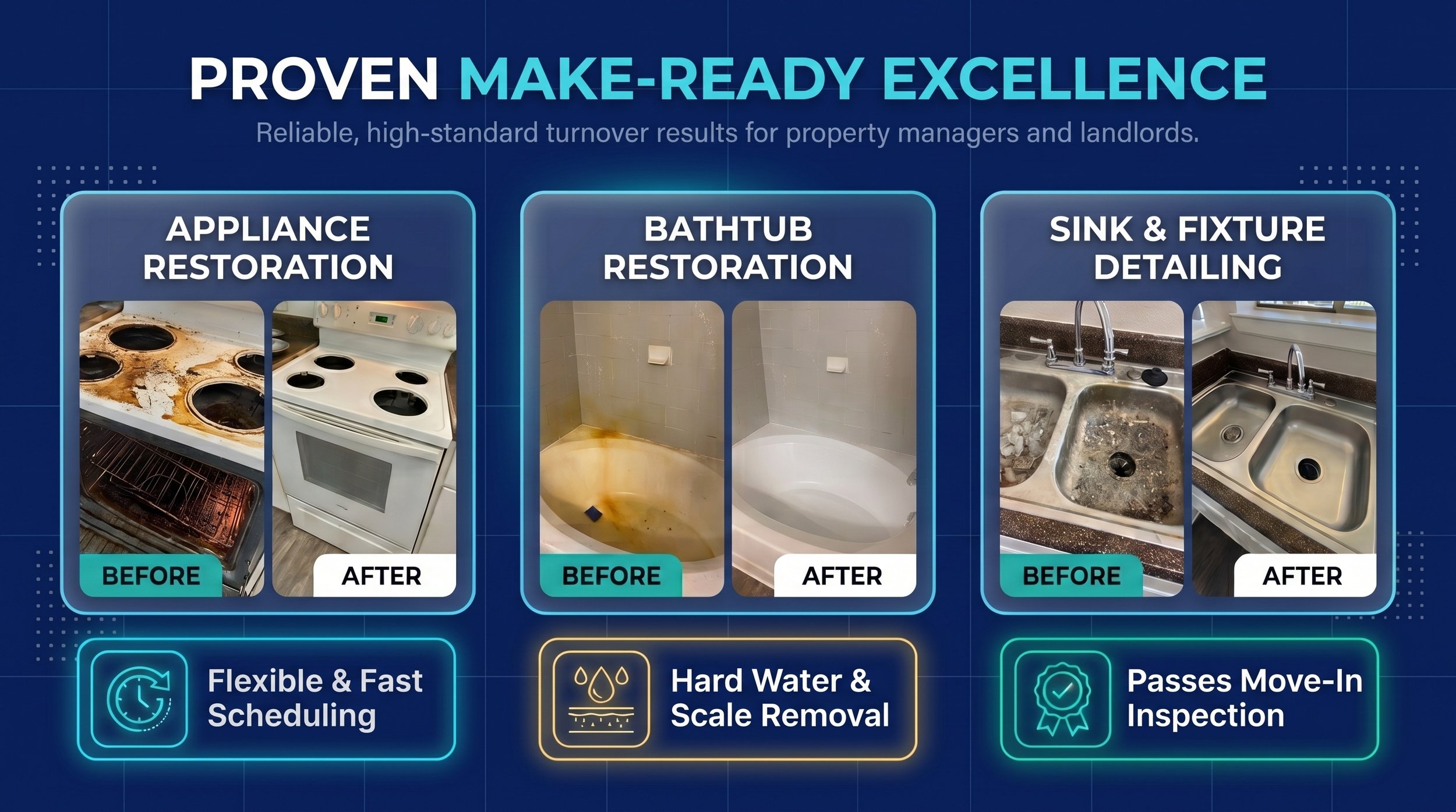 Infographic showing before and after photos of appliance, bathtub, and sink renovations, emphasizing reliable results for property managers and landlords.