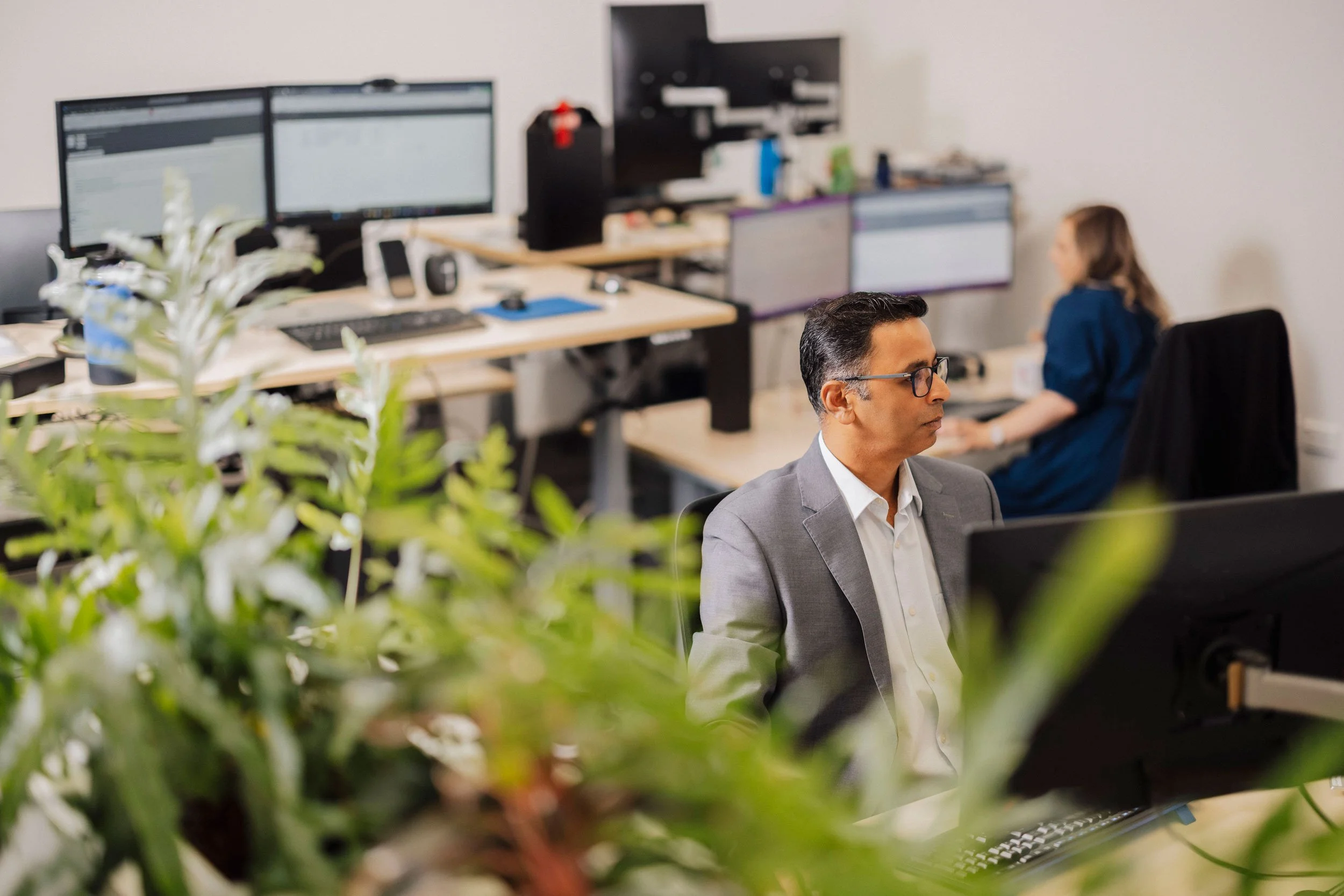 Office workspace with two computer monitors on the desk, a man in glasses and gray suit working at a computer, a woman in blue working at a desk in the background, and green plants in the foreground.