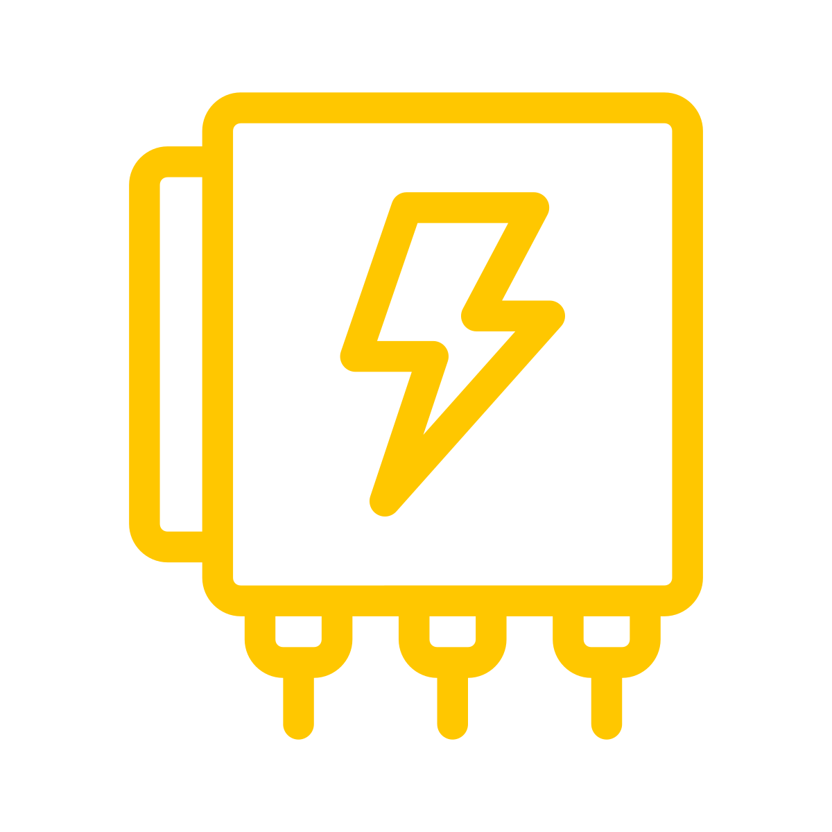 A yellow and black schematic icon of a computer chip with a lightning bolt symbol in the center, representing high voltage or electrical energy.