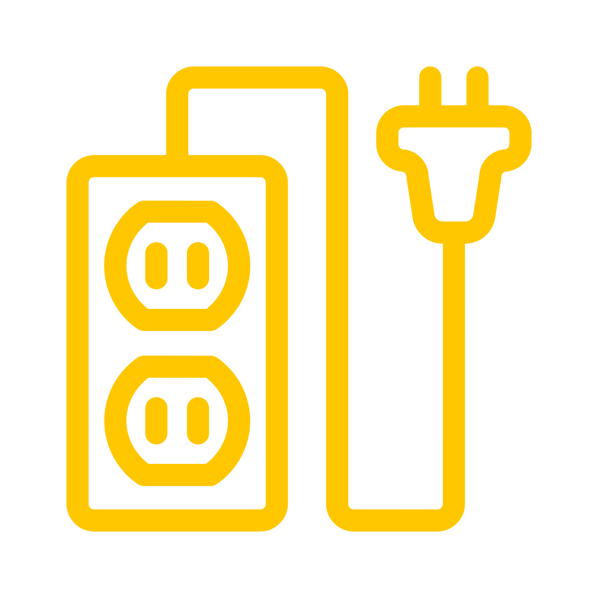 Yellow outline of a power strip with two outlets and an electric plug.