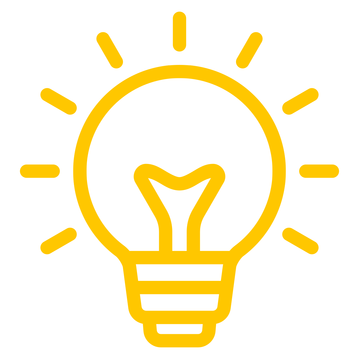 A yellow outline of a lightbulb with rays emanating from it, symbolizing an idea or innovation.