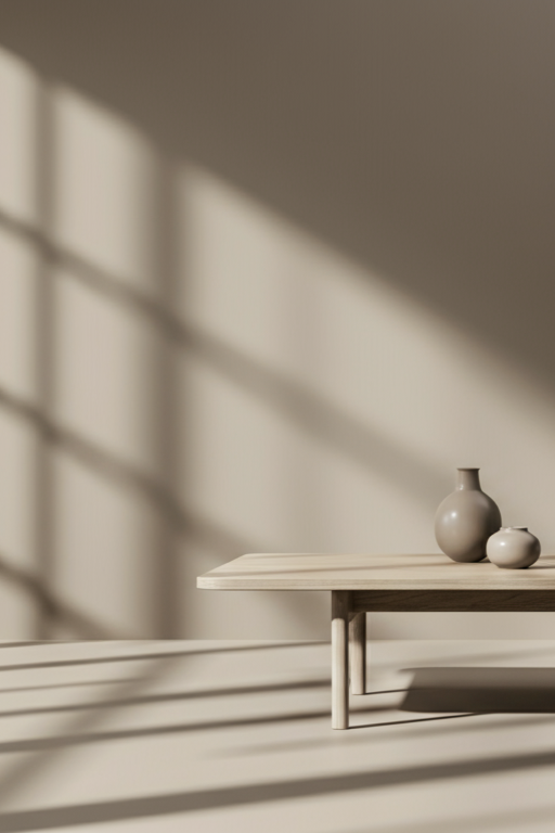 Three beige vases of different sizes on a floating wooden shelf in a sunlit room, with shadows of window panes cast on the wall.