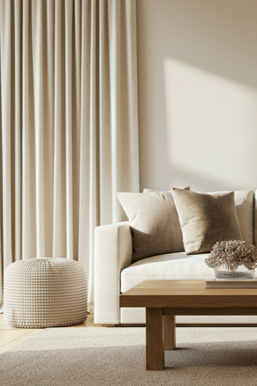Living room with beige curtains, a cream sofa with beige pillows, a wooden coffee table, a textured ottoman, and a floral arrangement.