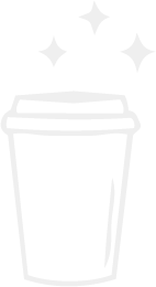 A to-go coffee cup with a lid, surrounded by four sparkling stars.