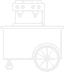 A food cart with wheels, featuring a stove or grill on top and a circular wheel on the side.