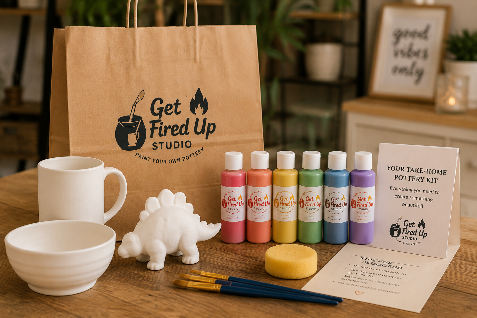 Pottery painting kit includes a brown paper bag with 'Get Fired Up Studio' logo, two white ceramic cups and a bowl, a ceramic dinosaur figure, five bottles of paint in pink, orange, yellow, green, blue, and purple with 'Get Fired Up Studio' labels, a yellow sponge, three paintbrushes, and an informational brochure on a wooden table in a cozy studio setting.