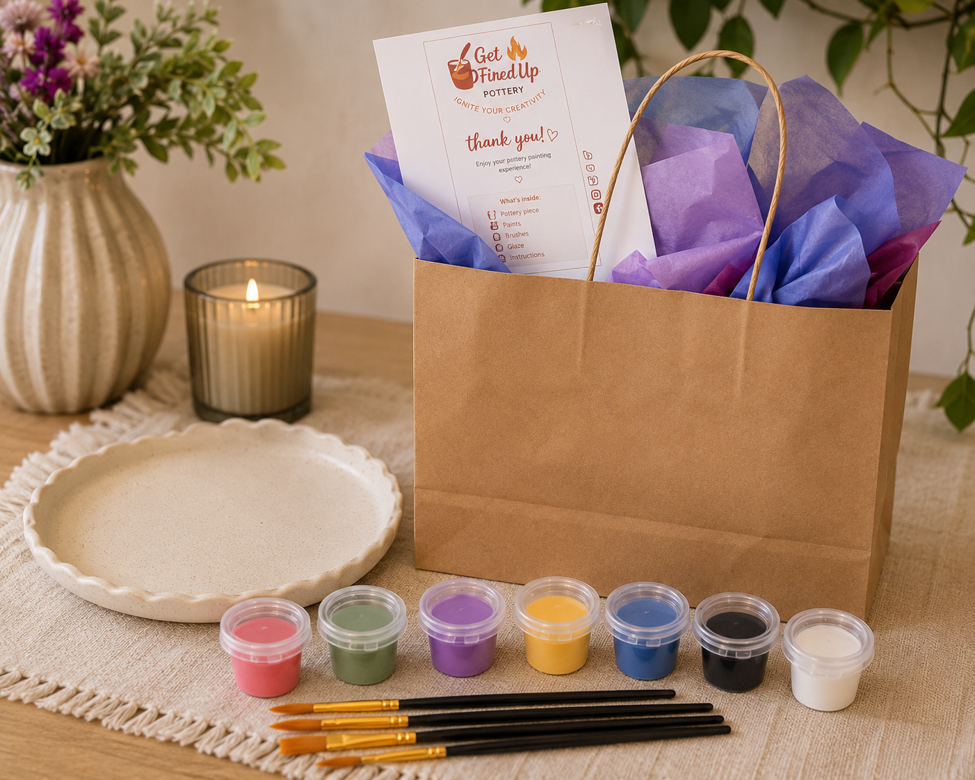 A pottery painting kit with a paper bag filled with purple and blue tissue paper, a flyer, and painting supplies including small containers of pink, green, purple, yellow, blue, black, and white paint, four paintbrushes, a decorative white ceramic plate, a votive candle in a glass holder, and a ceramic vase with flowers on a beige cloth on a wooden table.