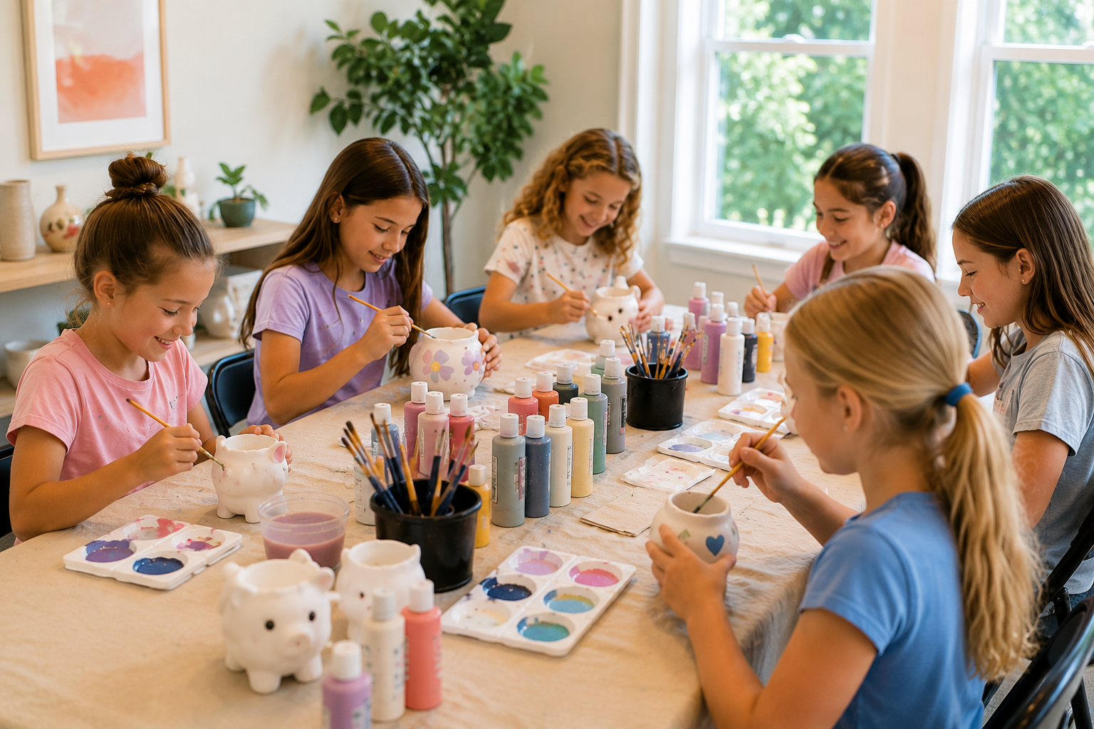 Several young girls painting and decorating piggy banks at a table with paint bottles and brushes in a well-lit room.