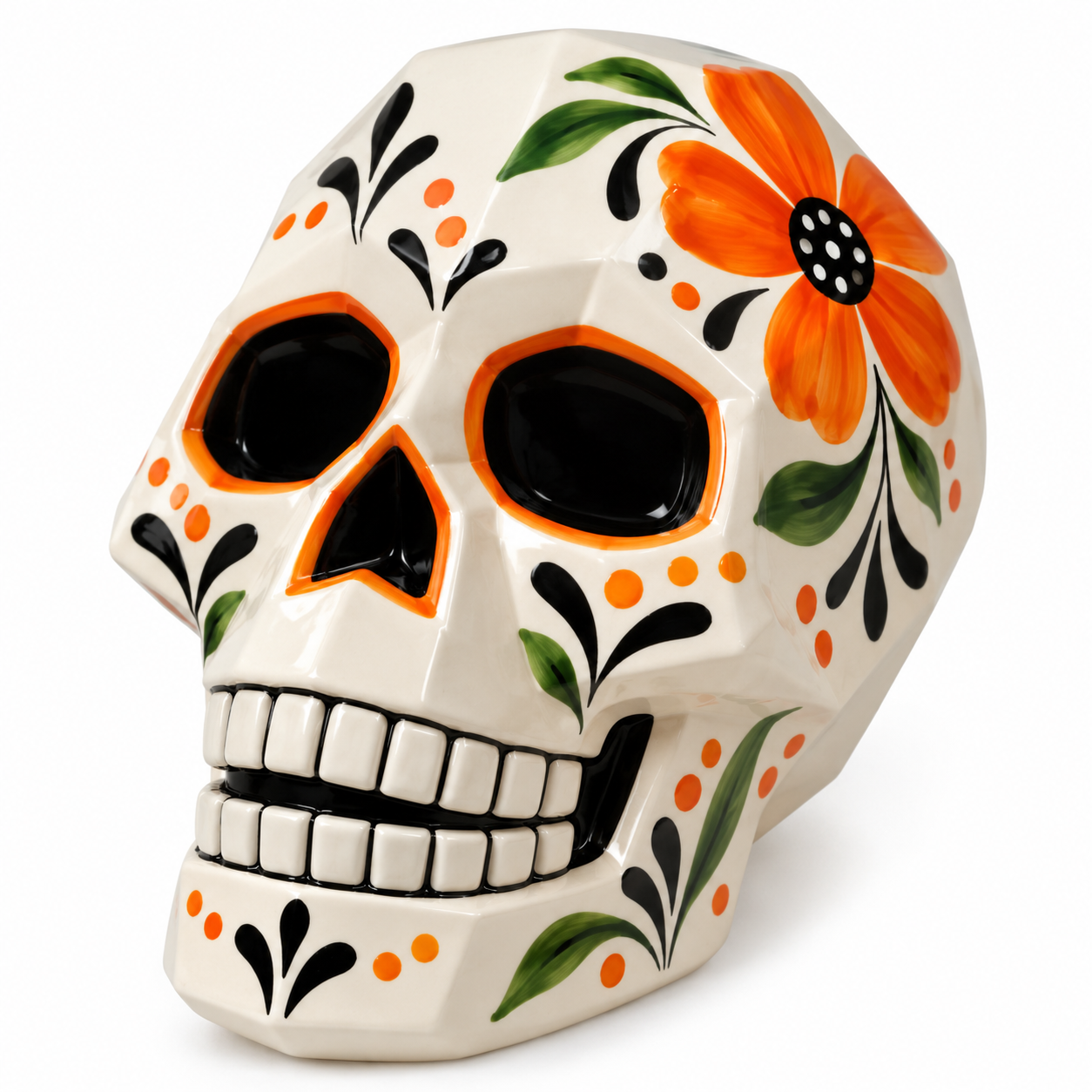 Glossy Orange and Black Floral Ceramic Skull.png