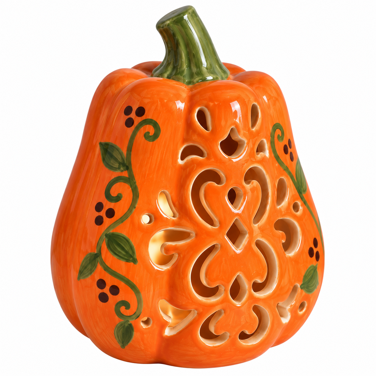 Glossy Orange Pumpkin Lantern with Green Vines.png