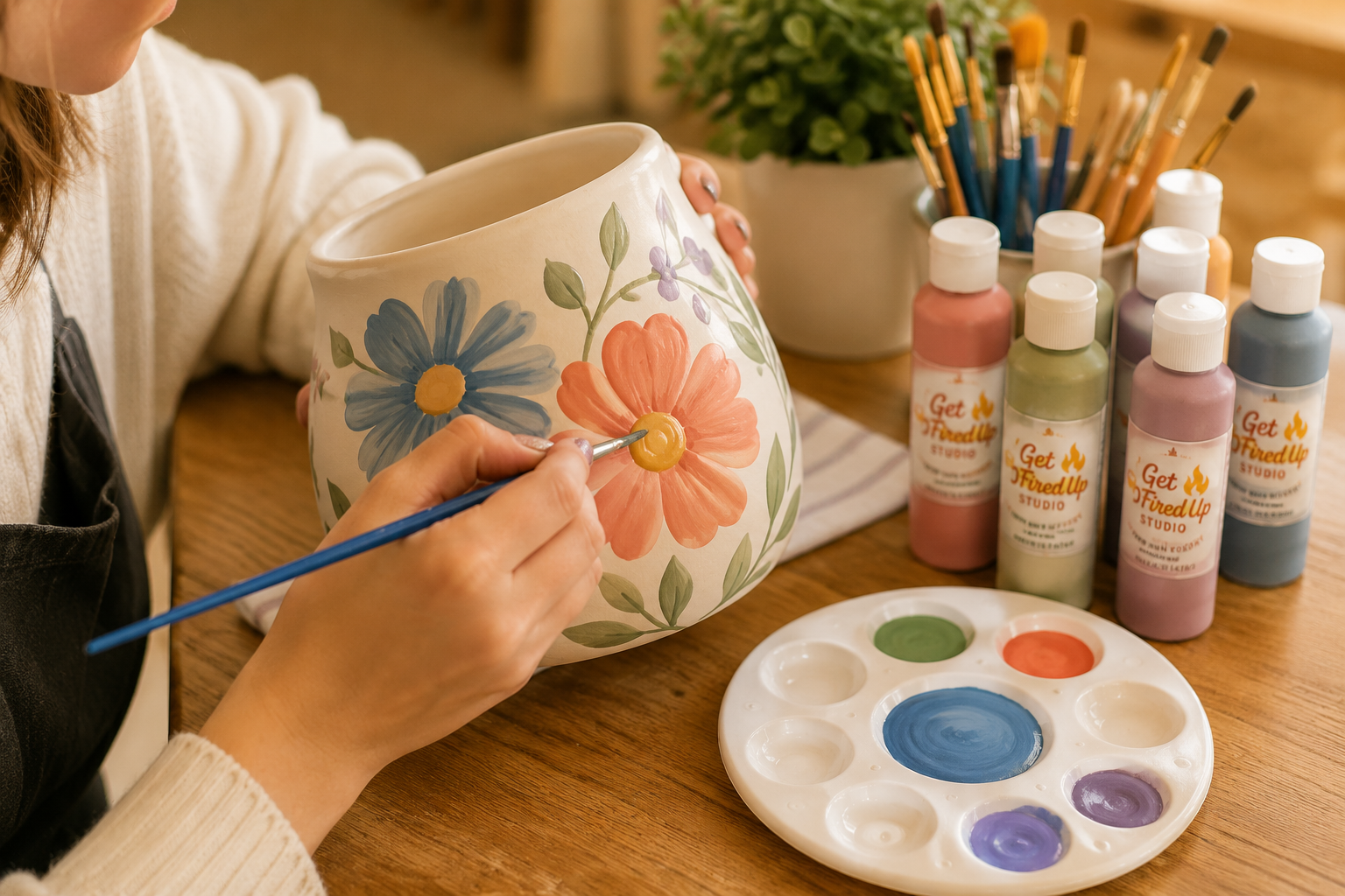 A person painting floral designs on a ceramic vase with pink, blue, and purple flowers, using a small brush. The workspace includes paint bottles, brushes in a container, and a palette with various paint colors on a wooden table.