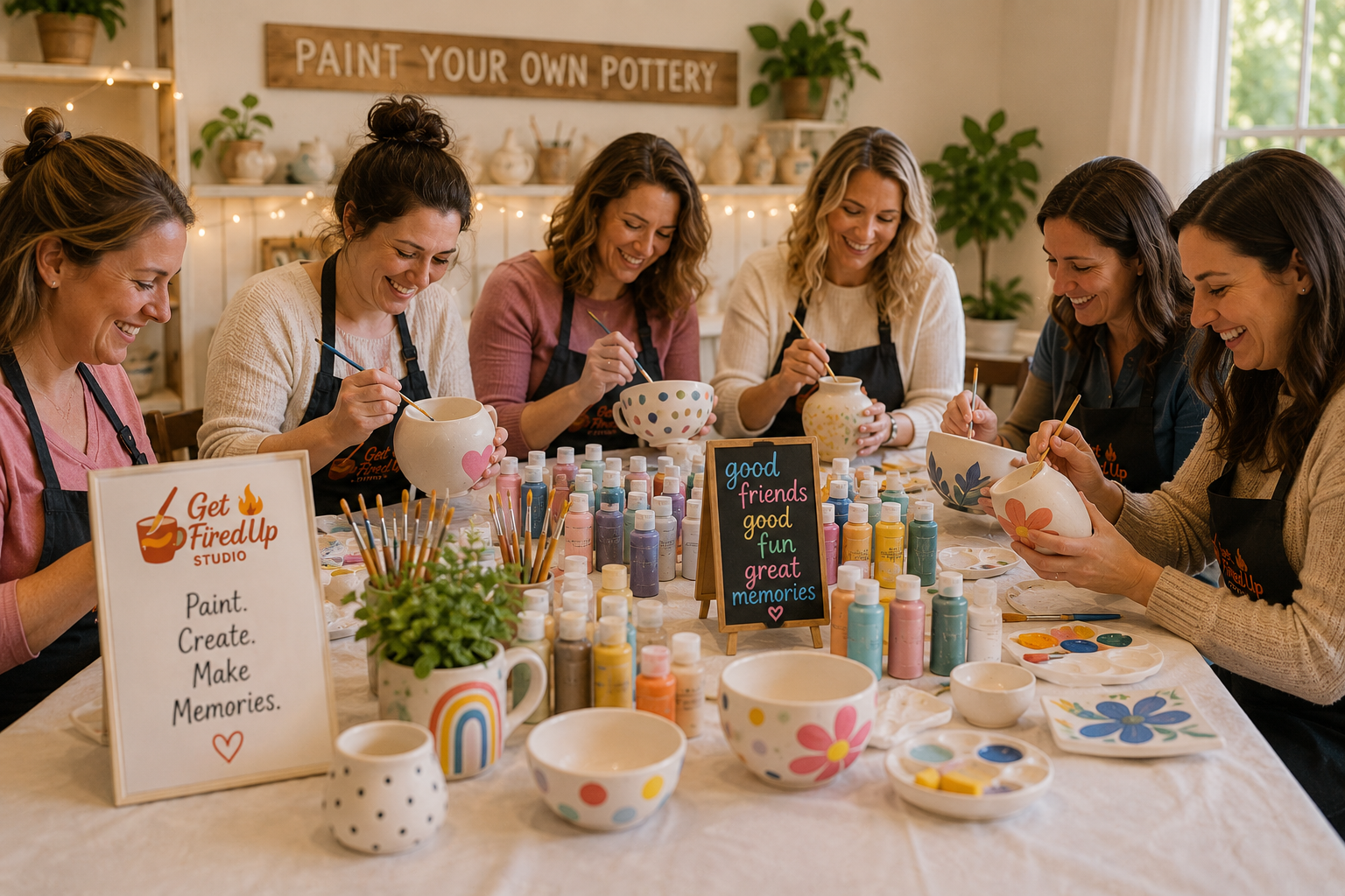 A group of six women participating in a pottery painting class at a table covered with paint bottles, brushes, and painted pottery. They are smiling and holding their decorated pots. The background features a