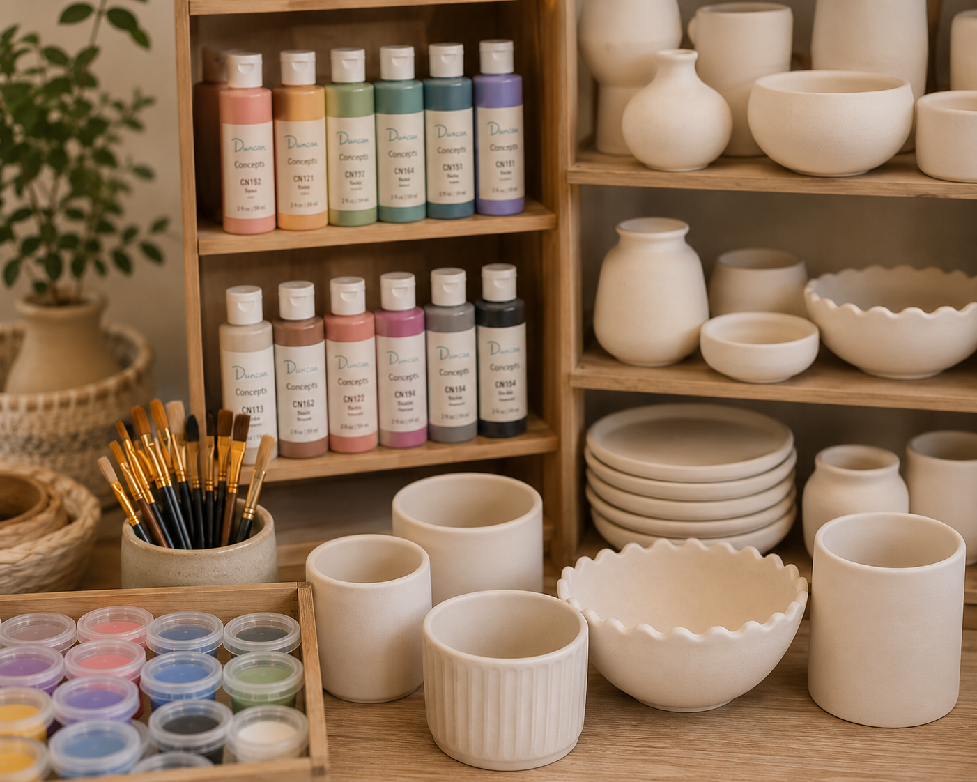 A display of unpainted ceramic bowls, vases, and cups on wooden shelves with bottles of paint and brushes nearby, in a pottery studio.