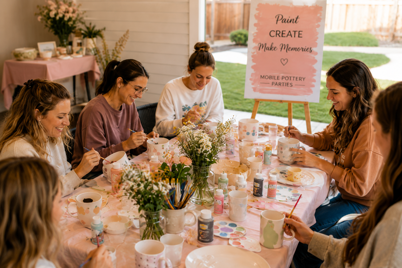 A group of women are sitting around a table decorated with flowers, painting ceramic mugs at a paint and ceramic decorating party in a bright room with large windows showing a backyard. There is a sign that reads 'Paint, Create, Make Memories, Mobile Pottery Parties'.