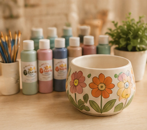 A ceramic flowerpot with a floral design, set on a wooden surface with bottles of acrylic paint, paintbrushes in a container, and a potted plant nearby.