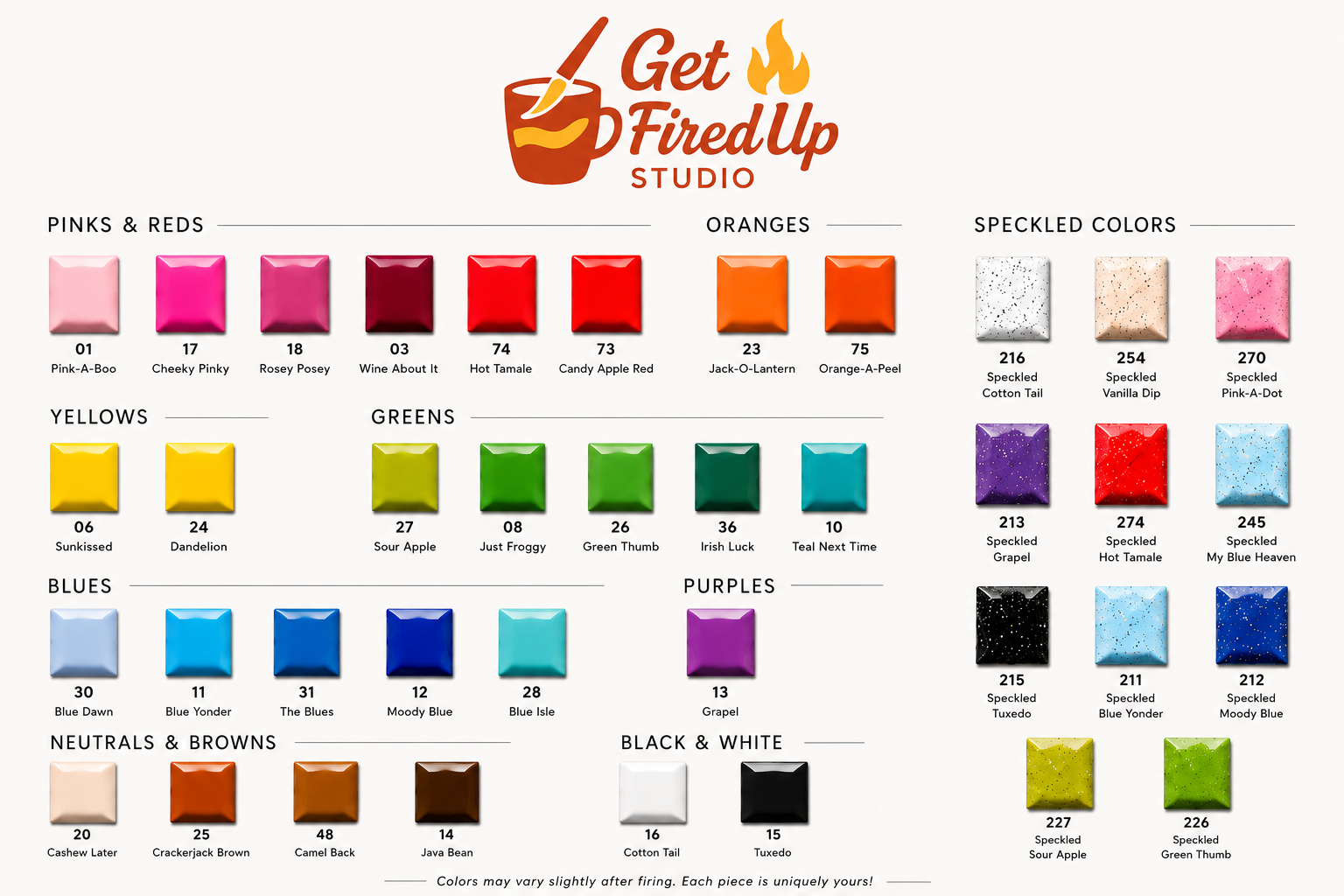 A color chart with sections for pinks and reds, yellows, greens, blues, neutrals and browns, oranges, speckled colors, purples, black and white. Each color has a swatch, name, and number, arranged by color families like pinks, reds, oranges, speckled colors, yellows, greens, blues, purples, neutrals and browns, and black and white.
