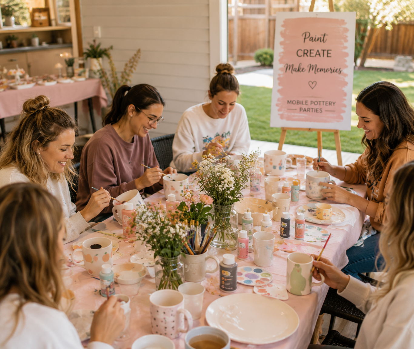 Group of women participating in a pottery painting activity at a table decorated with flowers, paint bottles, brushes, and mugs, during a mobile pottery party event.