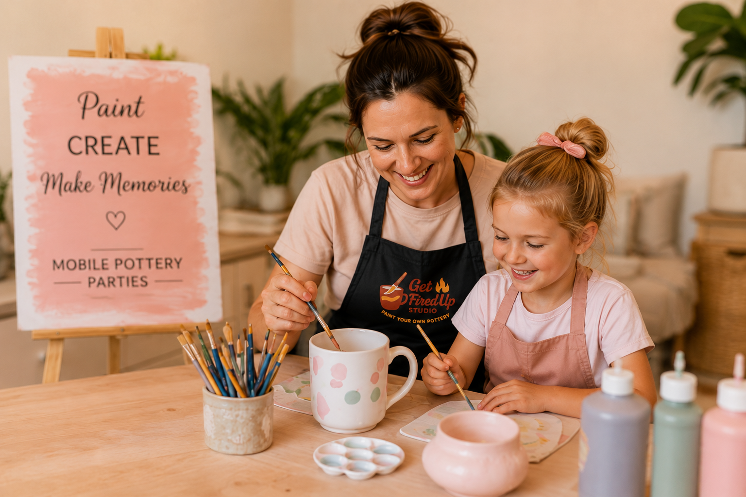A woman and a young girl painting pottery together at a craft studio, with a sign in the background that reads 'Paint Create Make Memories Mobile Pottery Parties.'