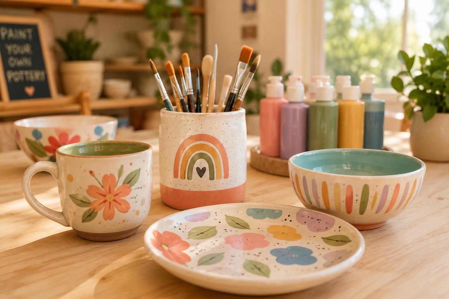 Colorful ceramic bowls, a mug, and a cup with floral and rainbow designs on a wooden table, with paint bottles and containers in the background.