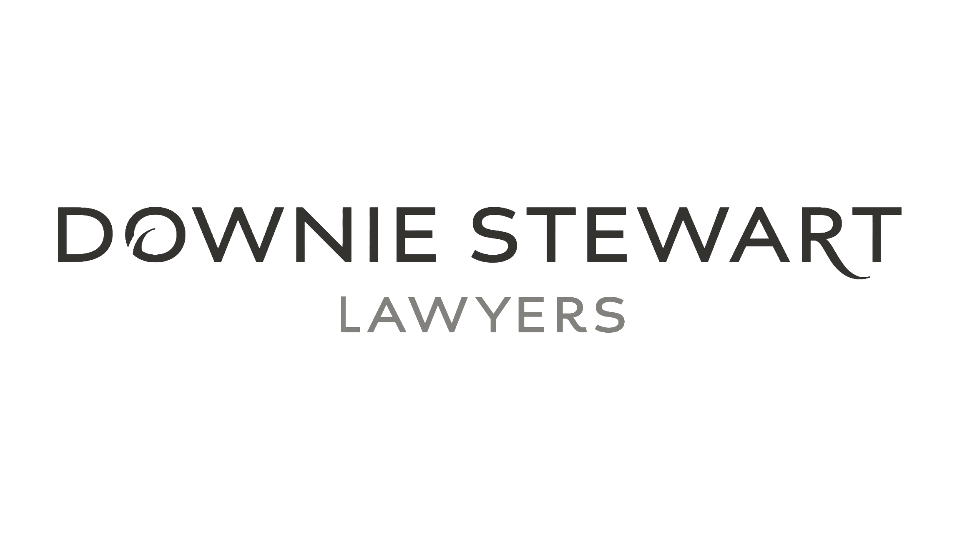 Logo for Downie Stewart Lawyers with black background and grey text.