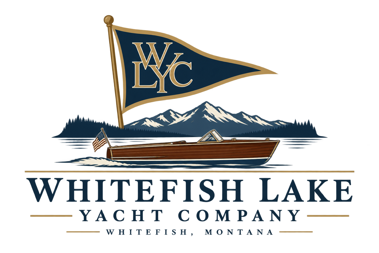 The Whitefish Lake Yacht Company logo displayed alongside a luxury private boat charter on Whitefish Lake, Montana.