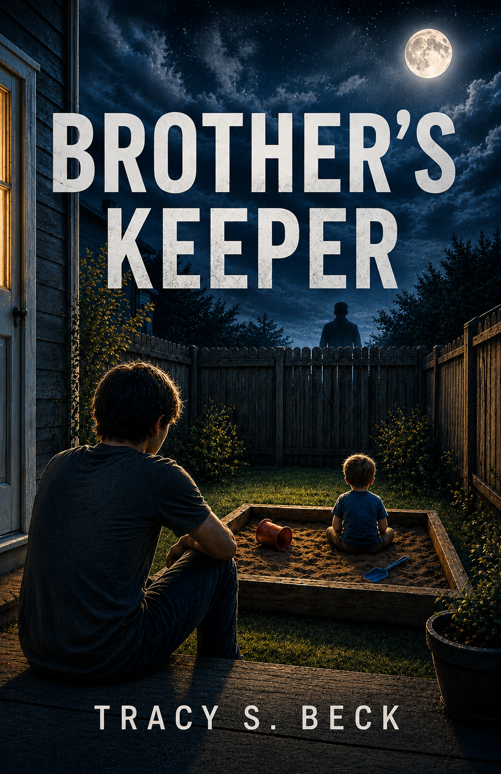 A father and young child sitting in a backyard sandbox at night, watching a shadowy figure outside the fence under a full moon, with the book title "Brother's Keeper" and author Tracy S. Beck overlaid.
