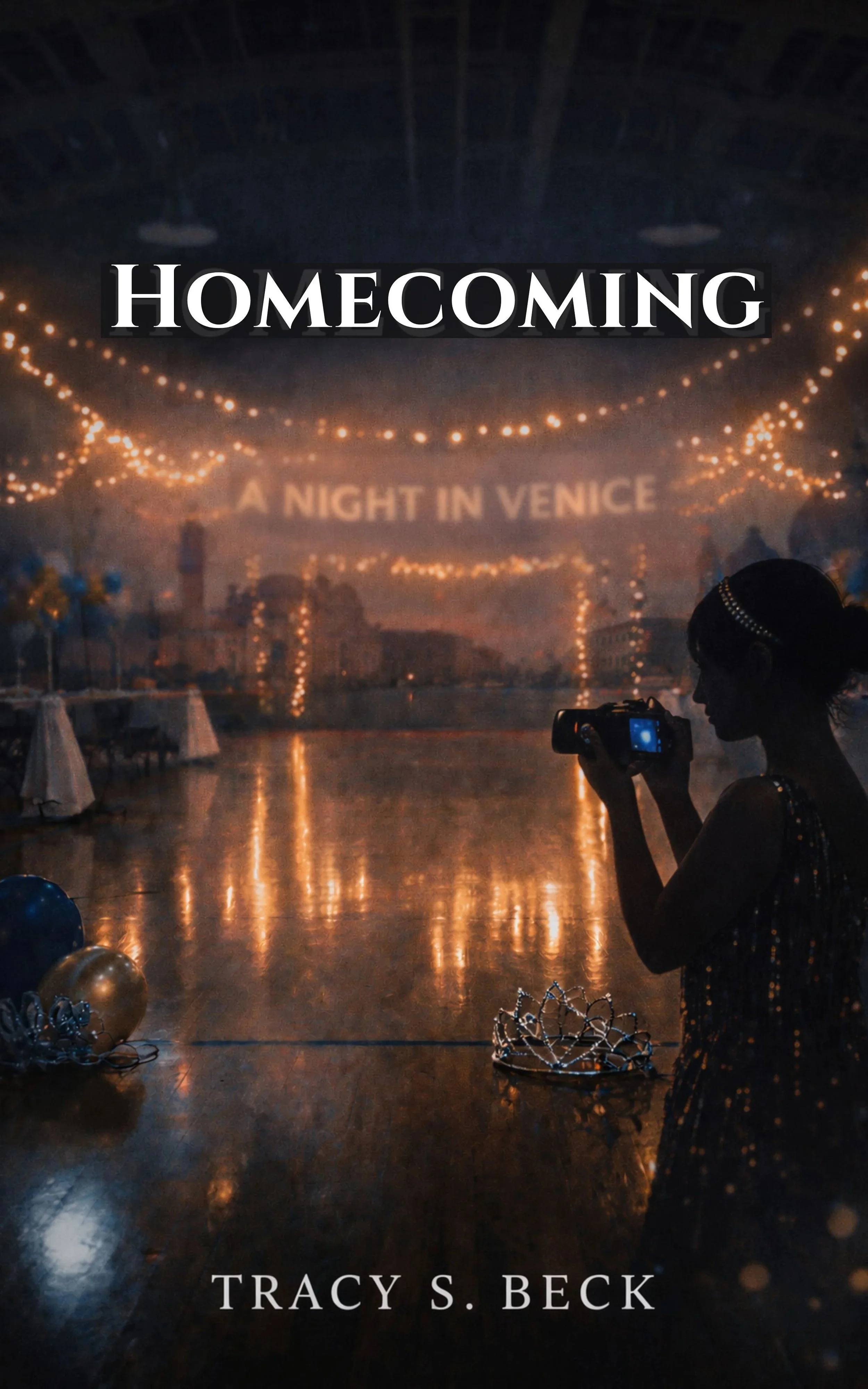 Homecoming Book Cover. Young woman with camera. High School gym decorated for Homecoming dance.