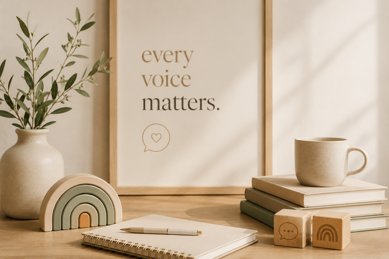 Decorative desk setup with a potted plant, a rainbow figurine, a notebook with a pen, a framed quote reading 'every voice matters', a stack of books, a mug, and wooden blocks with speech and rainbow icons.