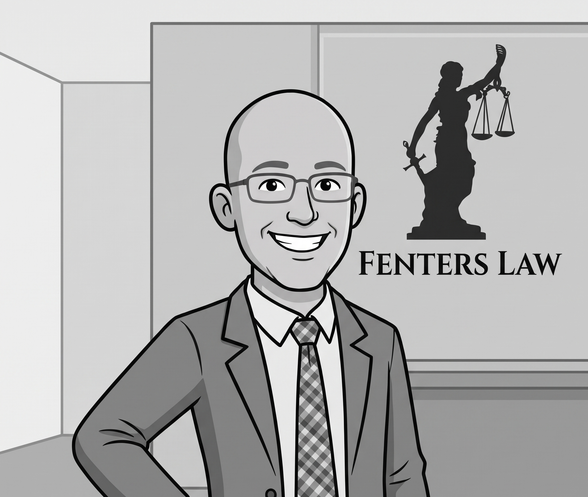 Cartoon drawing of Attorney Brian Fenters in a suit with glasses, and a silhouette of Fenters Law Firm logo which is a  Lady Justice holding scales and a sword. Attorney Fenters appears to be in a courtroom.