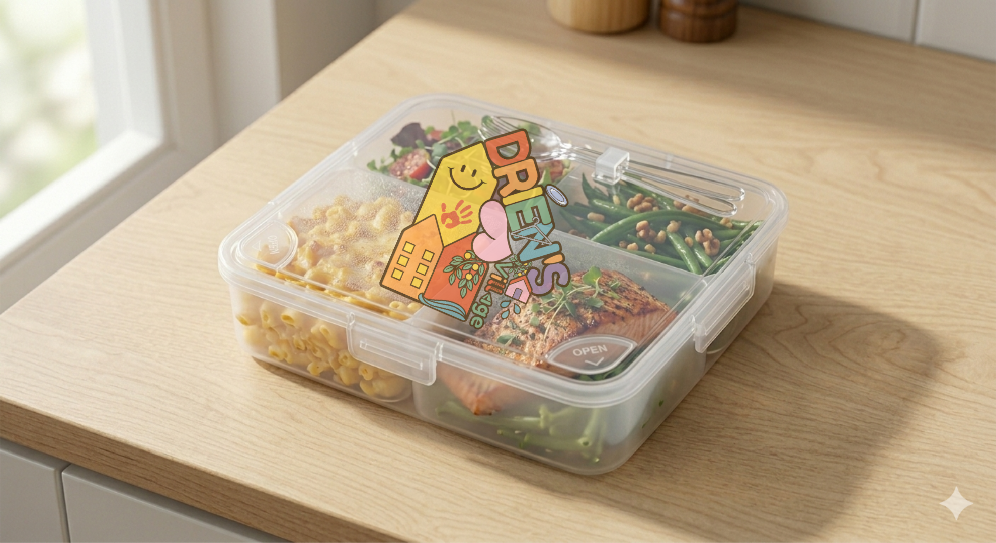 A transparent bento eco-friendly lunchbox with various foods inside, placed on a light wooden surface near a window. The lunchbox has a colorful sticker with playful drawings and the word "DRIEN'S VILLAGE" on the lid.