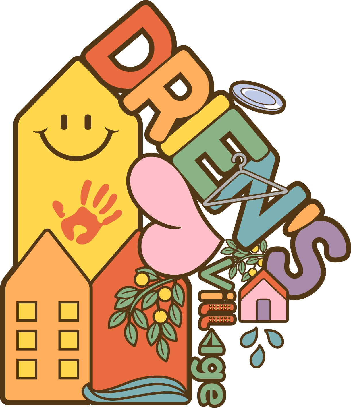 Colorful illustration with words 'DRIENS VILLAGE' arranged vertically, surrounded by houses, trees, a smiley face, and various symbols representing growth and community.