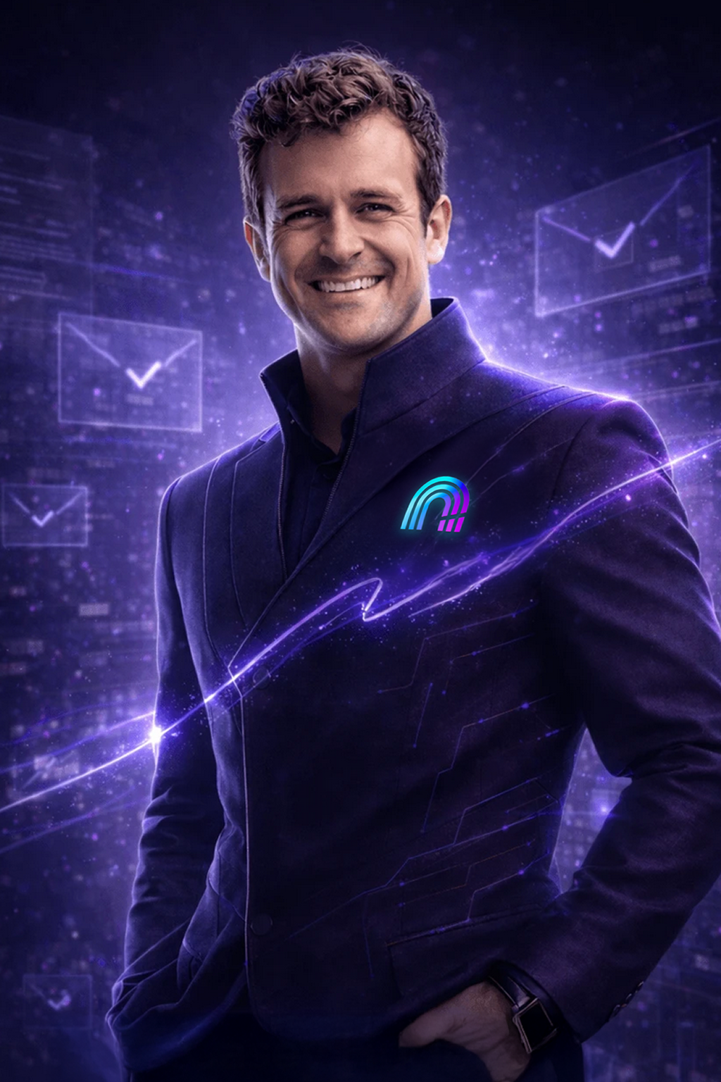 A smiling man with short curly hair dressed in a dark suit with a digital badge on his chest, standing in front of a futuristic digital background with circuit-like patterns and checkmark icons.