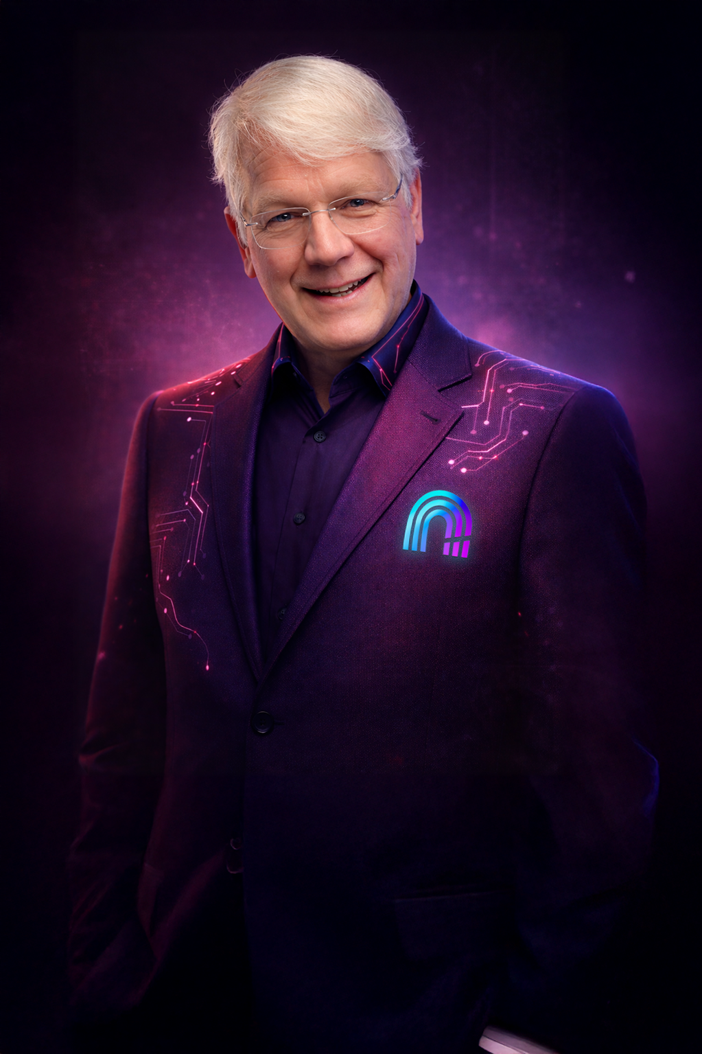 A man with white hair and glasses wearing a dark purple suit with digital circuit patterns and a logo on the chest, standing against a dark purple and pink background.