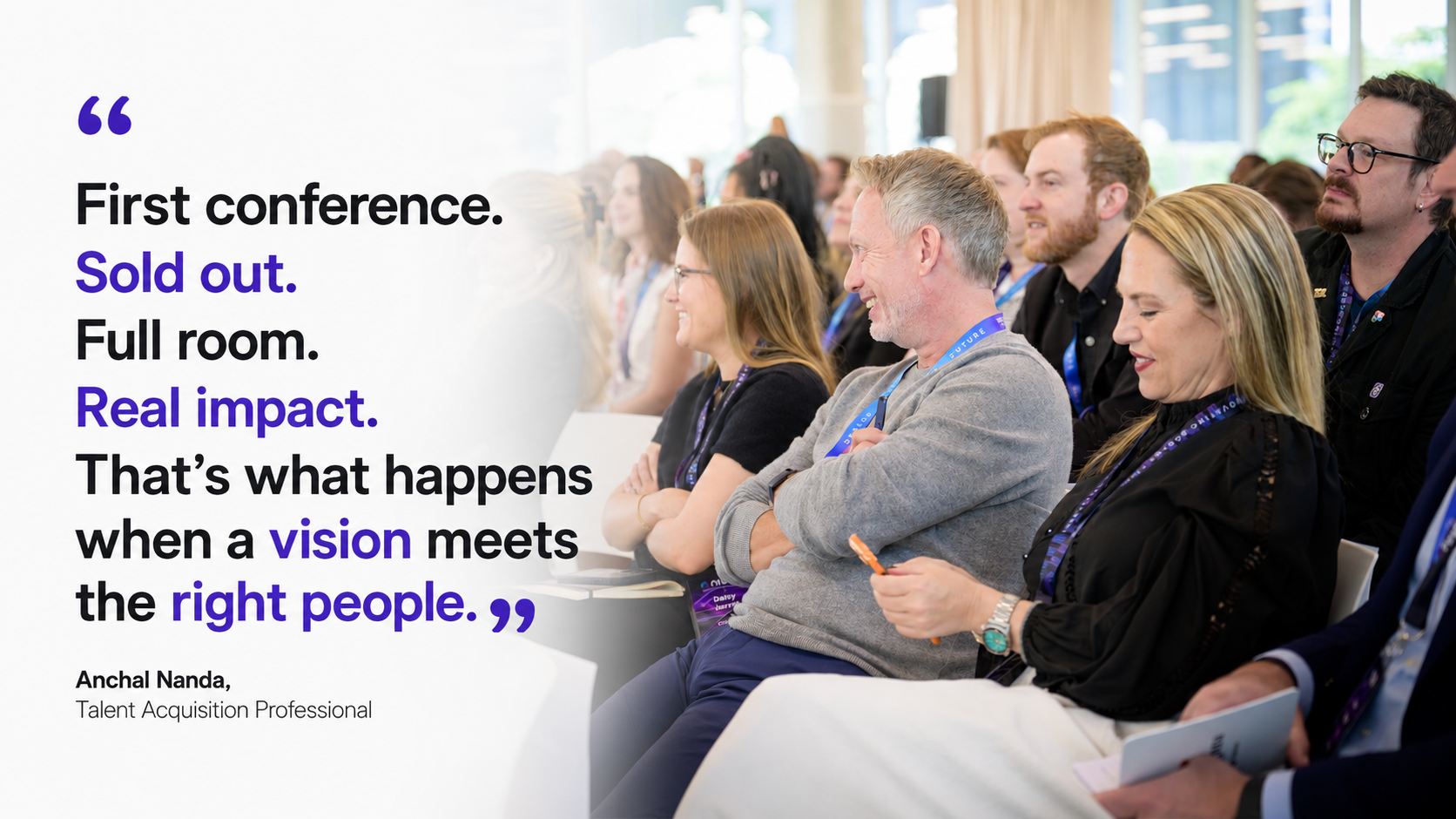 Audience attending at Nivan Live, sitting in rows and smiling, with a quote overlay on the left side of the image.