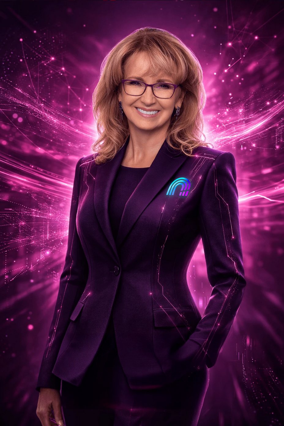 A woman with blonde curly hair, glasses, and earrings, wearing a dark purple blazer with a glowing digital logo on the shoulder, standing in front of a vibrant, futuristic pink and purple digital background.