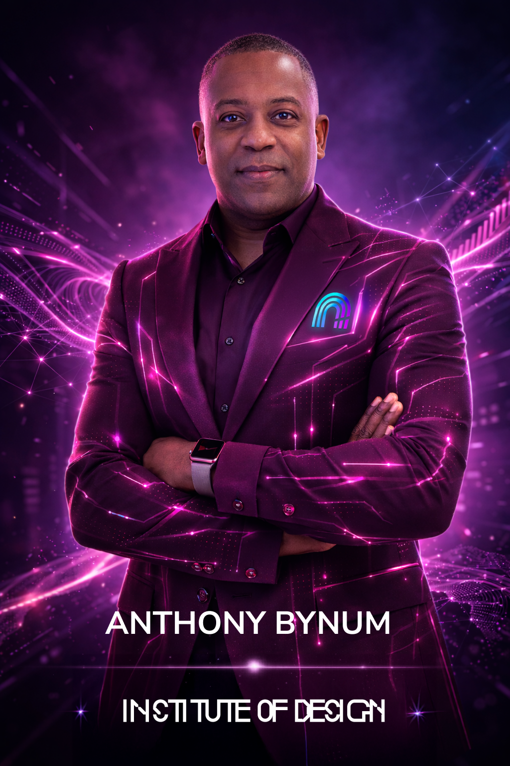 A man in a purple suit with a glowing logo on his chest, crossing his arms, surrounded by glowing purple digital lines and particles, with text "Anthony Bynum" and "Institute of Design" at the bottom.