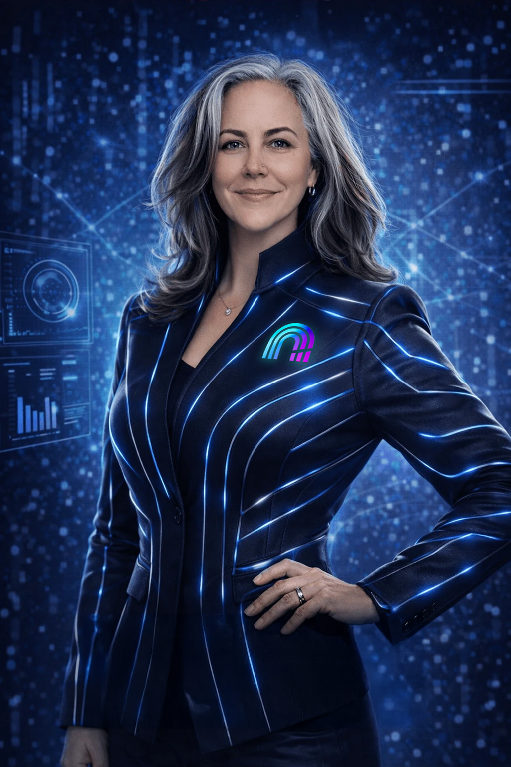 A woman with shoulder-length gray hair standing confidently with her hand on her hip, wearing a black suit with glowing blue lines and a colorful logo on her chest, in a digital background with holographic data representations.
