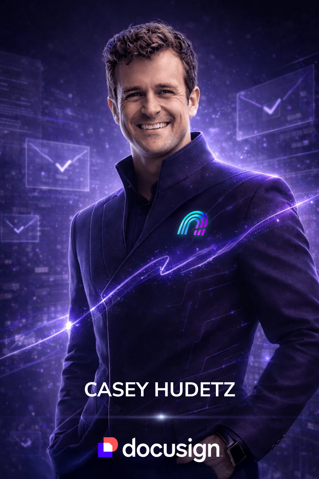 Digital portrait of Casey Hudetz, a man smiling in a dark, futuristic setting with glowing digital checkmarks and lines, wearing a dark suit with a neon logo on the chest, promoting Docusign.