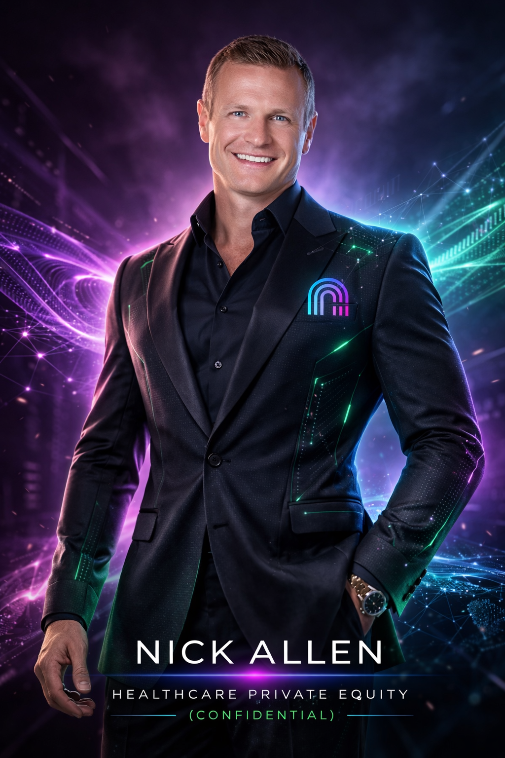 A man in a black suit smiling, standing with futuristic digital graphics and light trails in the background, with text that reads 'Nick Allen, Healthcare Private Equity, Confidential'.