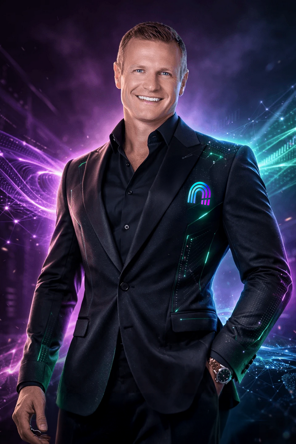 A man wearing a black suit with digital and neon light patterns, smiling against a colorful, futuristic background with purple, blue, and green hues.